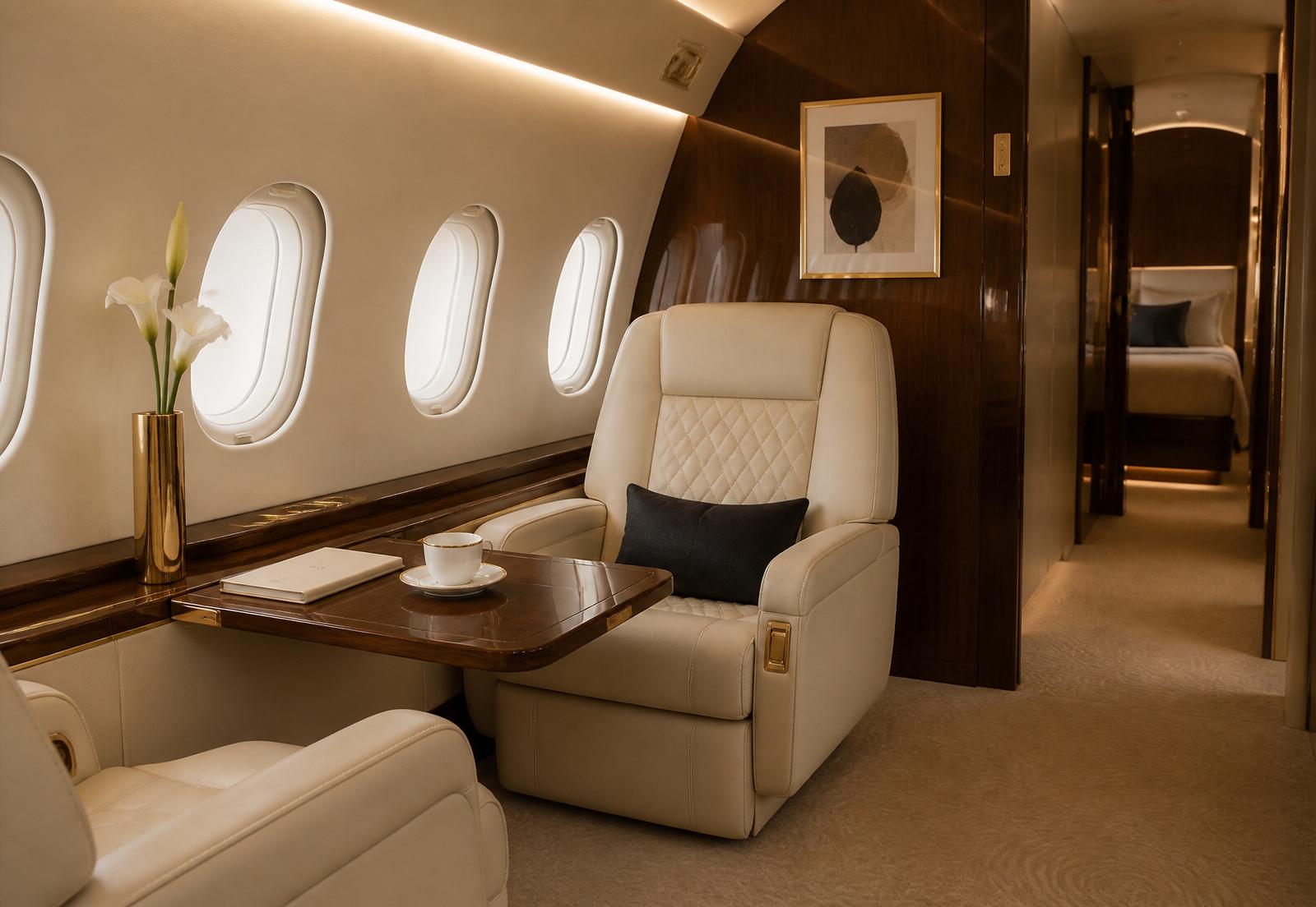 Cream leather seat and walnut table in a private jet cabin
