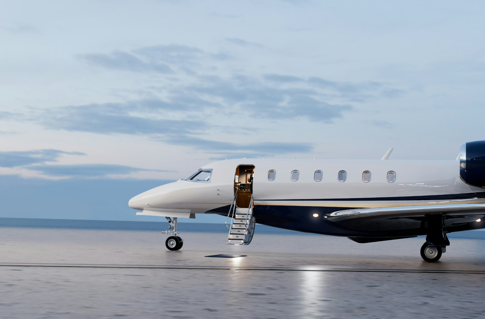 Private jet in flight above clouds