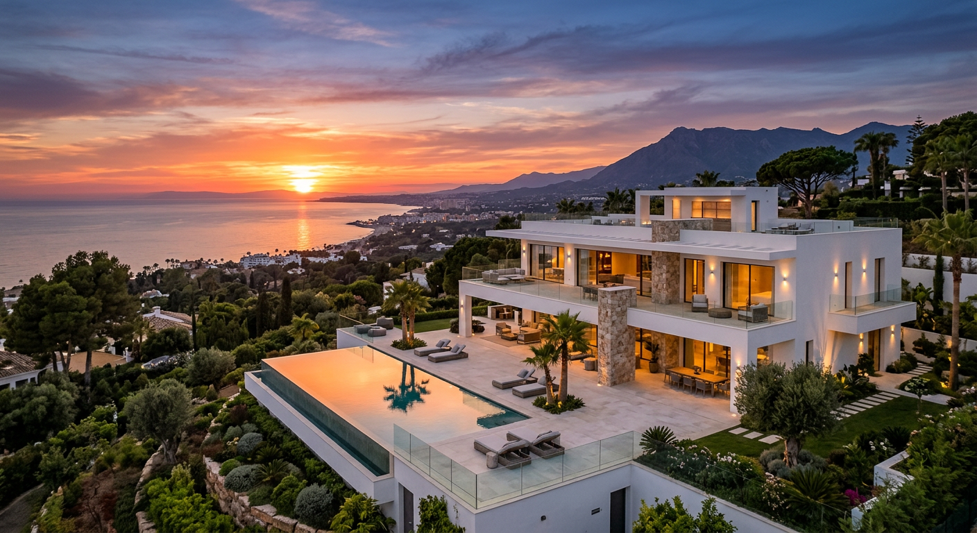 Hillside villa overlooking the Costa del Sol at sunset