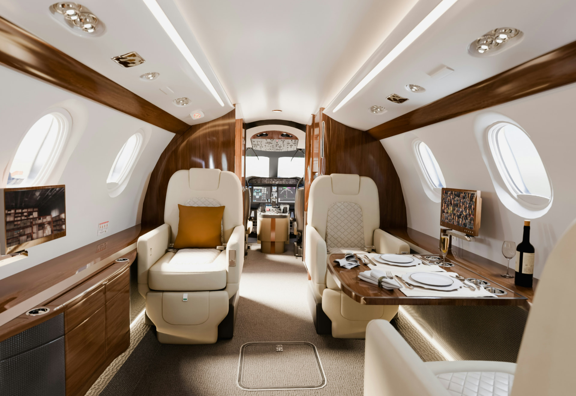 Private jet cabin interior at night