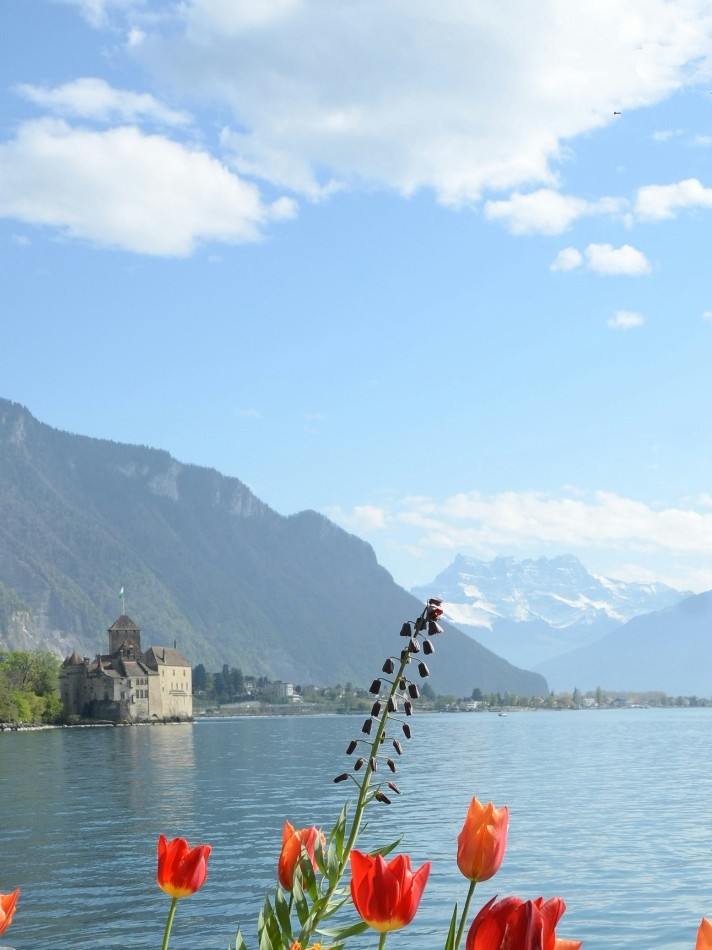 Château de Chillon on Lake Geneva with mountains beyond