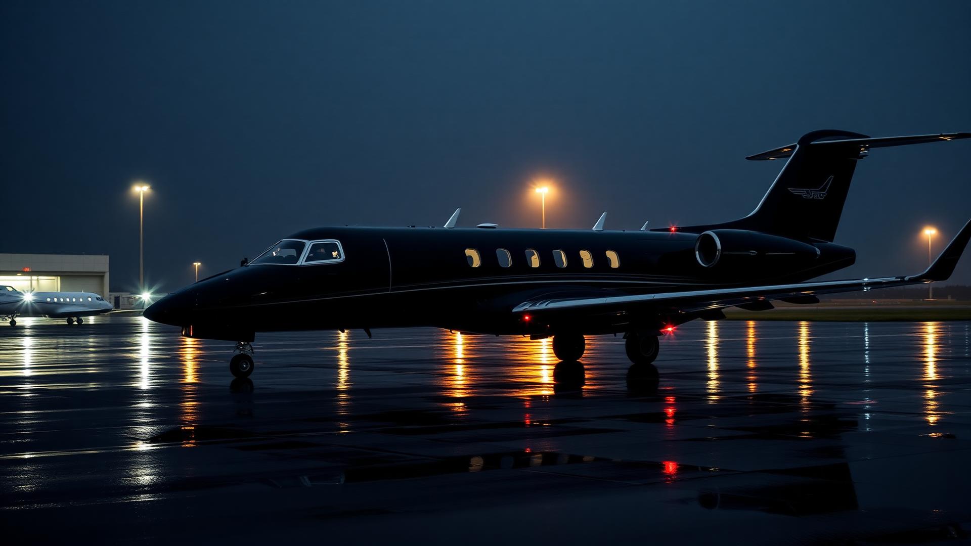 Private jet on a rain-slicked tarmac at night