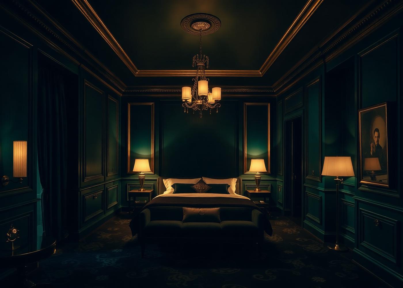 Dark emerald luxury hotel suite at night
