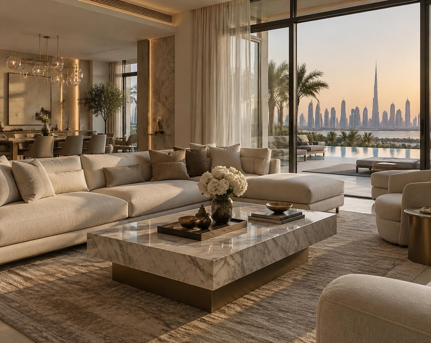 Luxury villa living room with Dubai skyline view