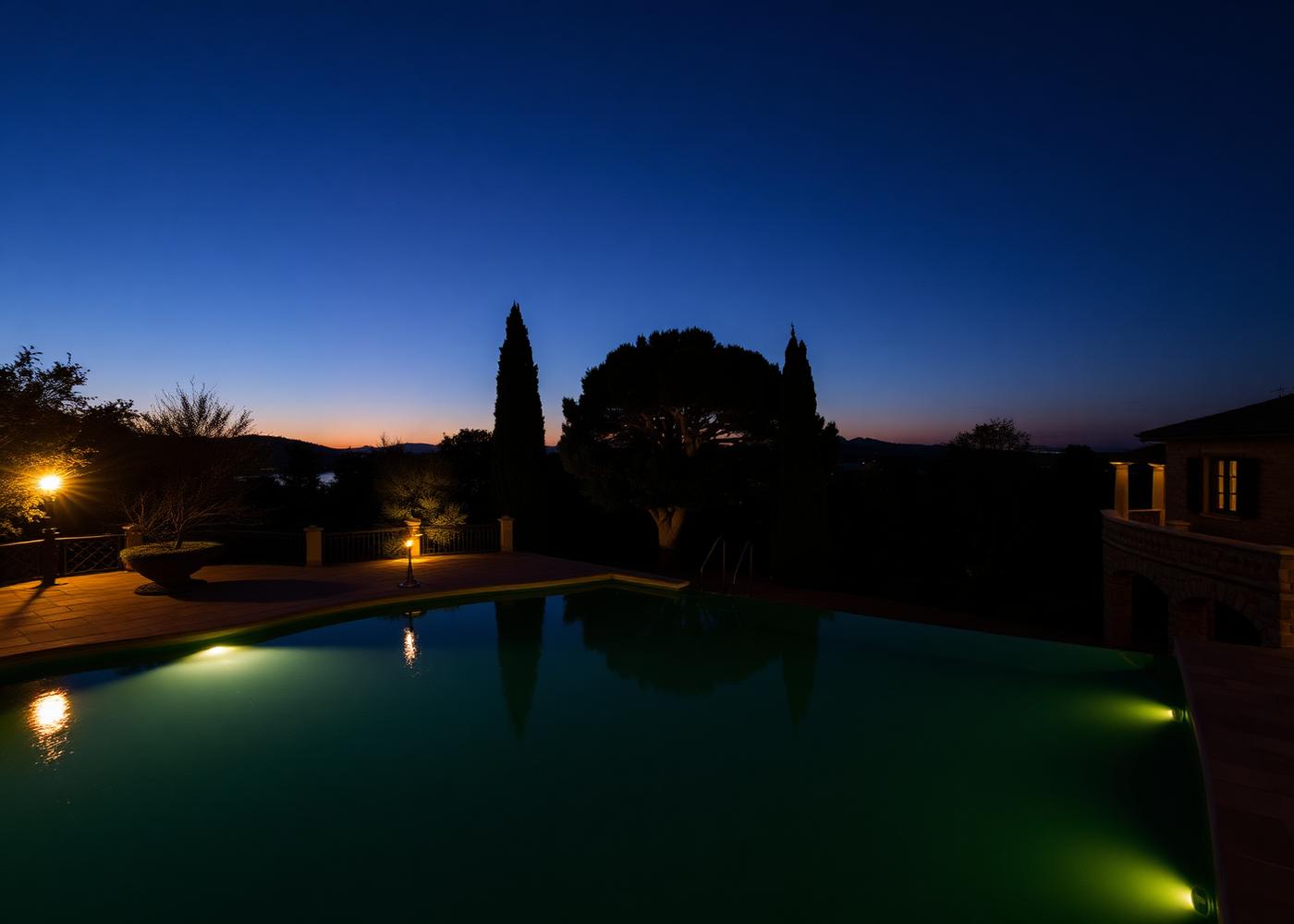 Private villa estate with lit pool at twilight